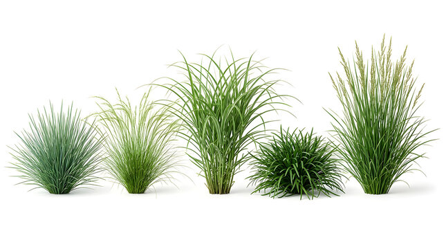 Set of Various Green Ornamental Grasses and Decorative Sedges Isolated on White Background for Landscape Architecture and Garden Design Projects