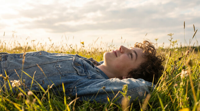 Dreamy Teenager Lying on Grass Looking at Sky in Golden Hour Light 