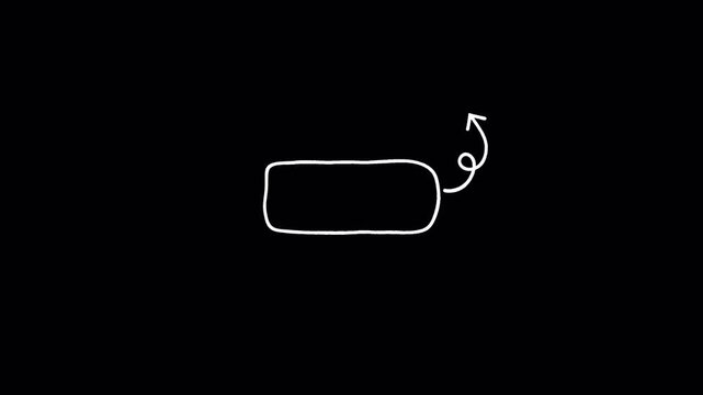 Hand drawn rounded rectangular frame with upward curved arrow, white line animation with transparent alpha channel, clean doodle motion graphic overlay for video editing and presentations