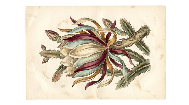 Vintage Botanical Illustration of a Night Blooming Cereus Cactus Flower with Buds and Stems