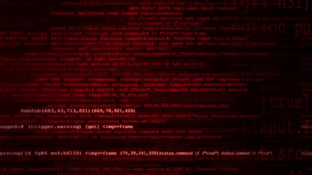 Abstract 3d animation of flowing red digital data streams and glowing code lines in a dark cyber space background