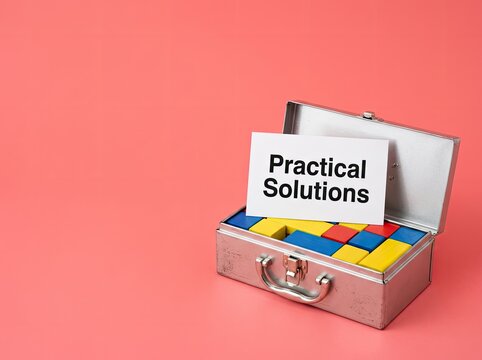Metal toolbox with colorful blocks and Practical Solutions card ideal for corporate training representing effective problem solving strategies