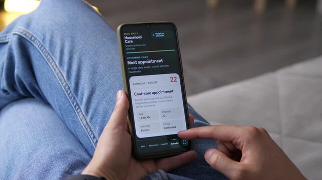 Person uses a smartphone to manage daily dog care, track completed routines and review a grooming appointment, reflecting the rise of digital pet care and shared household planning.