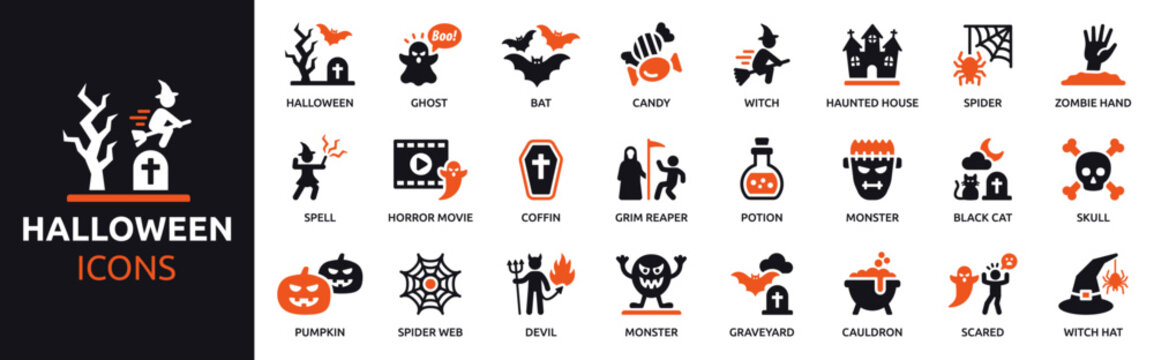 Halloween Icon Set Collection with Pumpkin, Ghost, Witch, Bat, Skull, Devil, Monster, Haunted House and Spooky Vector Symbols