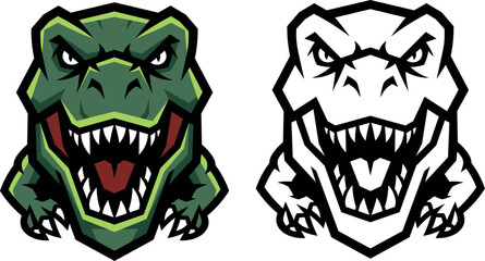 Fototapeta premium T-Rex dinosaur mascot head logo vector illustration set, featuring colored sports emblem and black line art outline version for gaming team or mascot branding