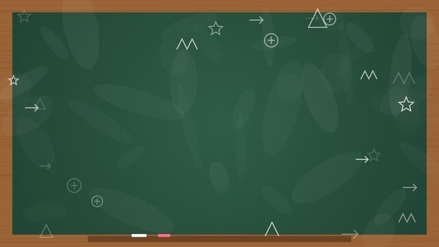 4K seamless loop animation of green chalkboard background with wooden frame and chalk doodles around the edges with copy space