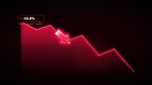 Red Neon Line Graph with Arrow Showing Decline and Growth on Black Background.