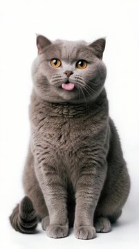an adorable grey British Shorthair cat sitting upright on a clean white background. The cat has thick plush fur, round face, and large striking orange-amber eyes. It tilts its head curiously