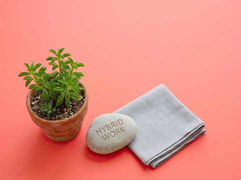 Potted plant beside a stone marked HYBRID WORK on coral backdrop ideal for modern office campaigns representing work life balance and flexibility