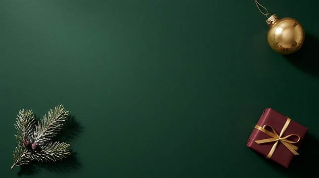 A festive christmas scene with a dark green backdrop gifts and ornaments for holiday celebrations