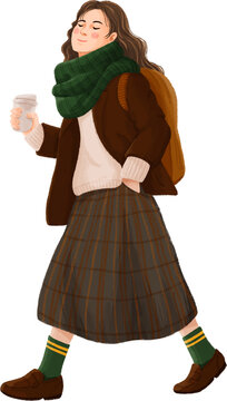 Woman Walking with Coffee in a Green Scarf and Plaid Skirt