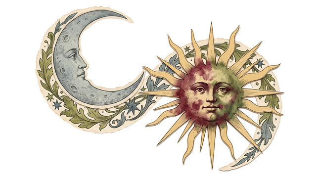 Vintage Celestial Sun and Moon Faces with Ornate Foliage and Stars