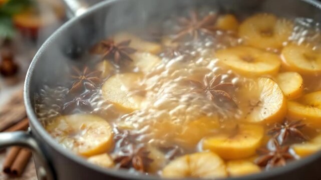 Warm apple cider or mulled wine simmering with star anise and spices in a pot.