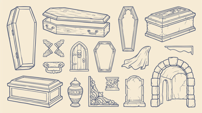 Gothic Halloween Coffins and Antique Funeral Casket Vector Set