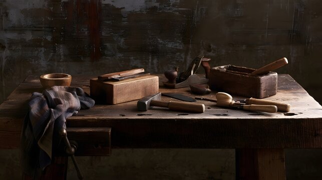 A rustic wooden workbench holds vintage woodworking tools  including planes  chisels  and a hammer  under warm  directional lighting