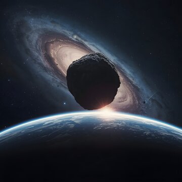 A colossal asteroid approaching Earth, moments before impact, the planet glowing