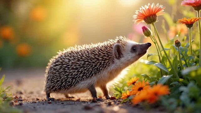 Adorable hedgehog exploring a vibrant flower garden bathed in warm golden hour light.