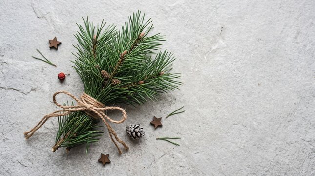 A rustic christmas bouquet of pine branches tied with twine, decorated with wooden stars and a small pinecone on a textured grey stone background