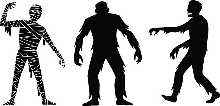 Set of three halloween monster silhouettes featuring a mummy and two zombies on a white background vector