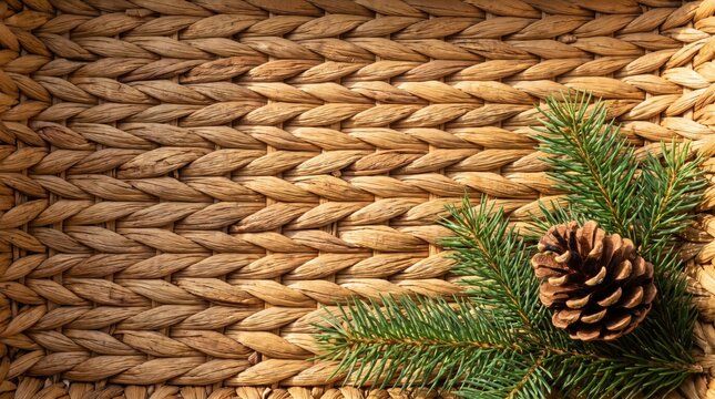 A single pine cone and green evergreen branch resting on a textured woven wicker basket surface, closeup view