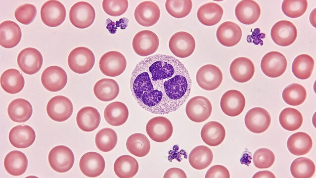 Blood smear micrograph with segmented neutrophil and red cells