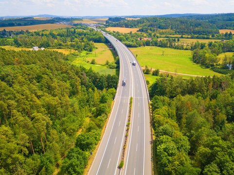 Aerial view of a highway bridge over the valley. D5 highway from Nuremberg to Prague in Czech republic, European union.