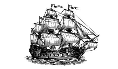 Vintage Sailing Ship Vector Illustration with Detailed Wood Engraving Style for Nautical and Maritime Designs © Mdhumayun