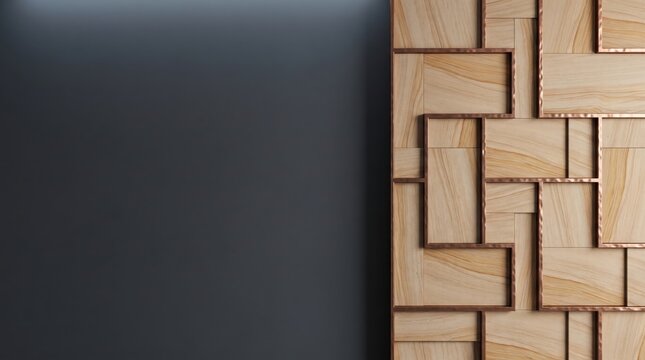 Modern decorative wall panel featuring geometric sandstone tiles framed with copper metal strips against a smooth dark gray wall background