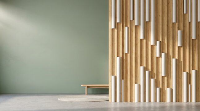 Minimalist interior design featuring a sage green wall, a wooden slatted partition with white cylindrical accents, and a simple bench on a concrete floor