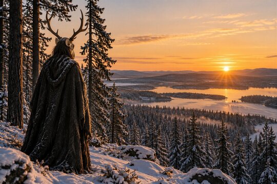 Hooded figure in antler skull headdress overlooking snowy forest and frozen lake at sunset. Winter folklore ritual in northern wilderness. Pagan shaman and ancient nature spirit concept.