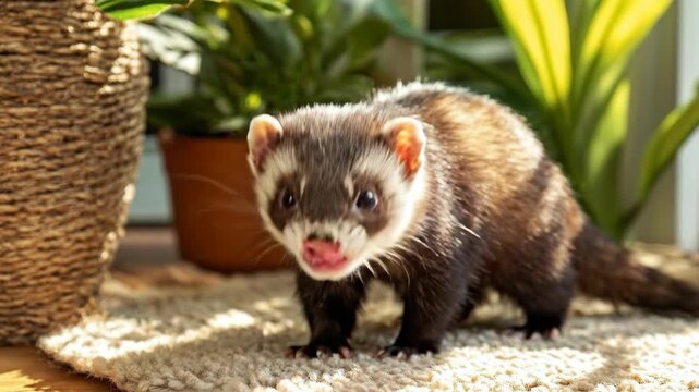 Cute ferret exploring indoors on a cozy rug amidst green houseplants.