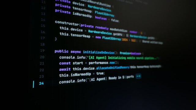 Computer monitor displays automated neural runtime script syntax executing on a dark background. Crisp colored typography emphasizes mobile hardware device memory allocation.