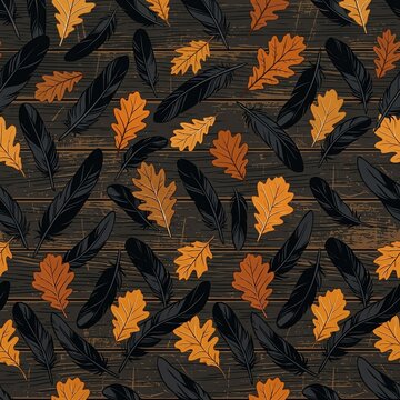 autumn Seamless pattern of black feathers and orange oak leaves