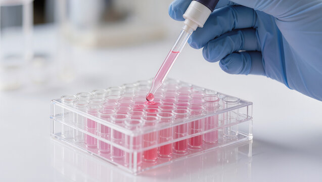 Gloved hand using pipette to drop pink liquid into clear multi well plate on lab bench, laboratory sample testing in clean setting, conceptual biomedical research and scientific analysis concept