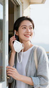 Smiling young woman taking off a white protective face mask at open front door, relieved person stepping outside in fresh morning light, conceptual clean air relief and return to normal life concept