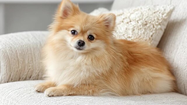 Adorable fluffy Pomeranian dog relaxing comfortably on a cozy sofa indoors.
