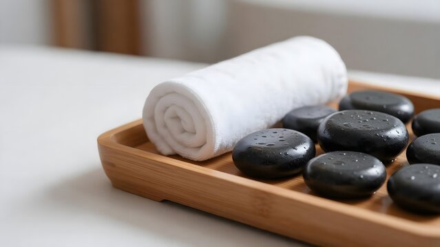 Rolled white towel and black massage stones on bamboo tray