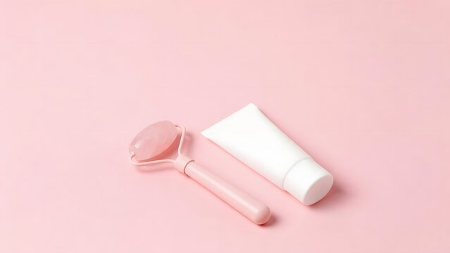 Pink jade face roller and cream tube on pink background