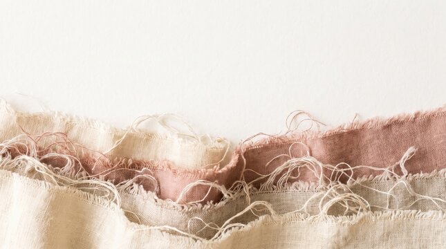 Soft layered fabric textures in neutral beige and dusty rose tones with frayed edges and loose threads, creating a delicate and rustic textile background