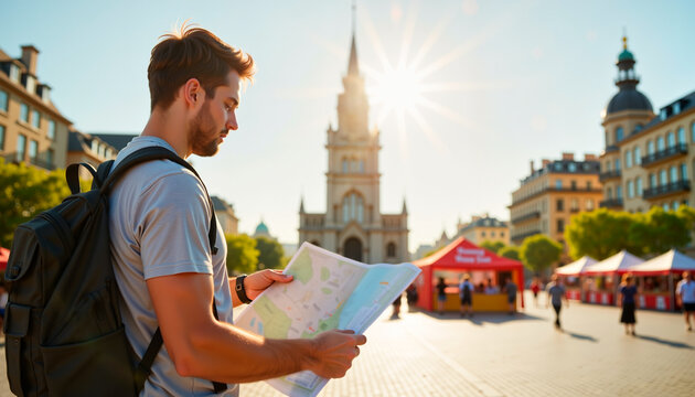Young man reading a city map in a sunny European square  