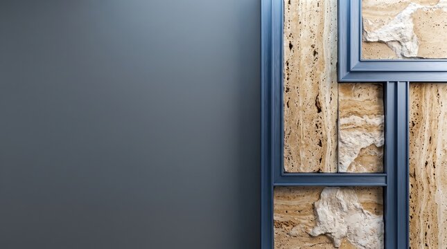Modern interior wall design featuring a smooth dark grey surface contrasted with a decorative panel of natural travertine stone framed in dark blue metal