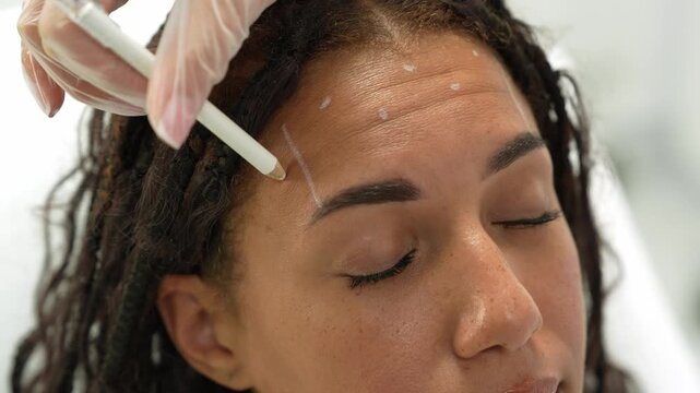 4k video Forehead Botox injection point mapping for wrinkle correction. African woman with white cosmetic pencil markings on her forehead during botulinum toxin treatment preparation