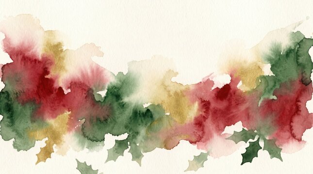 Watercolor painting of abstract christmas holly leaves and berries in red, green, and gold, isolated on white background