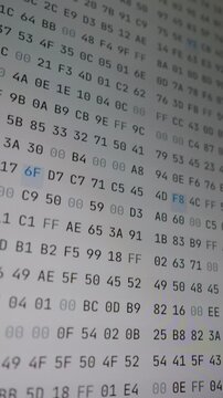 Rows of alphanumeric hexadecimal code glow across a computer display during real time system engineering. Precision machine data offers strong commercial utility for cybersecurity.