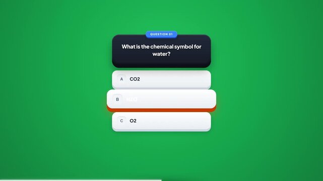 Quiz timer animation showing chemistry trivia question and countdown