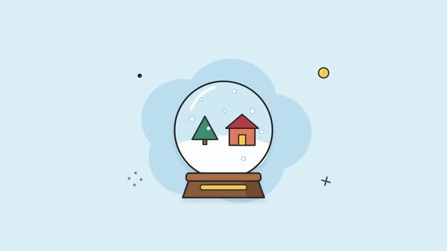 Snow globe with a little house and pine tree inside while snowflakes drift gently, on a light blue background. Seamless loop Christmas animation, flat vector line art icon, Full HD.