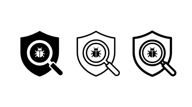 Black and white vector icon set of cybersecurity bug scanning
