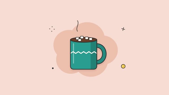 Teal mug of hot cocoa with marshmallows and rising steam on a soft peach background. Seamless loop cozy winter drink animation, flat vector line art icon, Full HD.