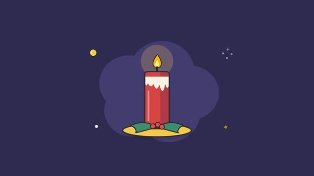 Red Christmas candle with melting wax, flickering flame and warm glow on a holly holder against a dark purple background. Seamless loop animation, flat vector line art icon, Full HD.