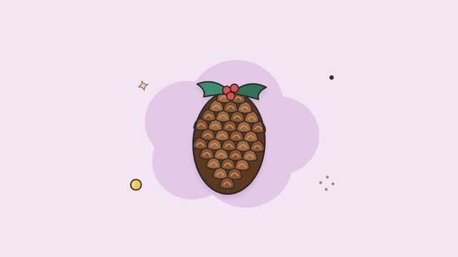 Brown pinecone with green holly leaves and red berries swaying gently on a soft lilac background. Seamless loop Christmas nature animation, flat vector line art icon, Full HD.